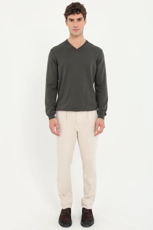 Erkek Regular Fit V Yaka Haki Triko