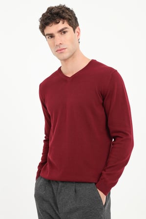 Erkek Regular Fit V Yaka Bordo Triko