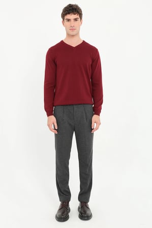 Erkek Regular Fit V Yaka Bordo Triko