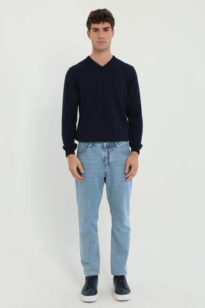 Erkek Regular Fit V Yaka Lacivert Triko