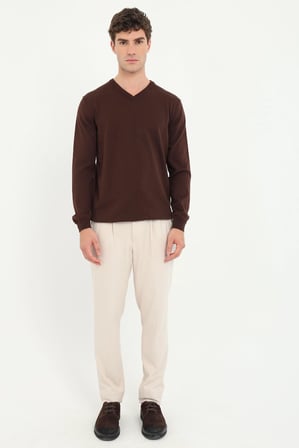 Erkek Regular Fit V Yaka Kahve Triko