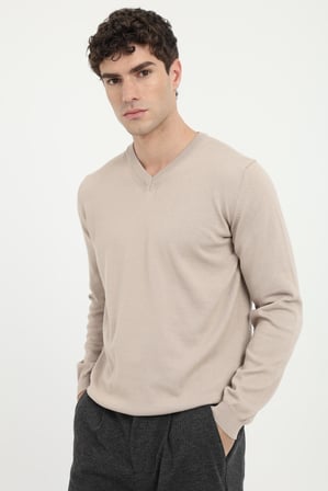 Erkek Regular Fit V Yaka Bej Triko