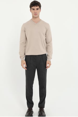 Erkek Regular Fit V Yaka Bej Triko