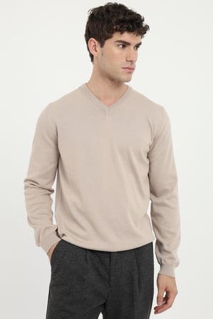 Erkek Regular Fit V Yaka Bej Triko
