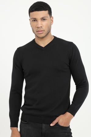 Erkek Regular Fit V Yaka Siyah Triko