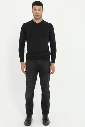 Erkek Regular Fit V Yaka Siyah Triko