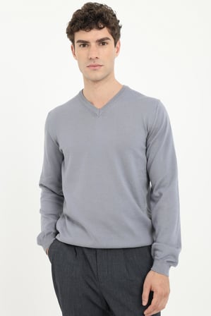 Erkek Regular Fit V Yaka Gri Melanj Triko