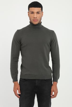 Erkek Regular Fit Tam Balıkçı Yaka Haki Triko
