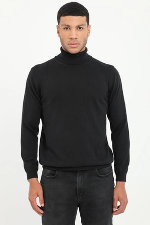 Erkek Regular Fit Tam Balıkçı Yaka Siyah Triko