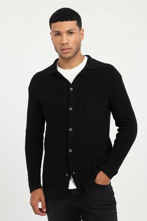 Erkek Regular Fit Polo Yaka Siyah Hırka