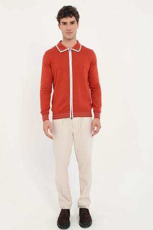 Erkek Regular Fit Polo Yaka Kiremit Fermuarlı Hırka