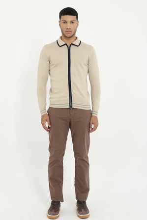 Erkek Regular Fit Polo Yaka Bej Fermuarlı Hırka