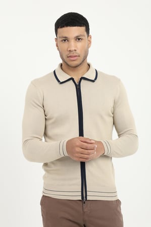 Erkek Regular Fit Polo Yaka Bej Fermuarlı Hırka
