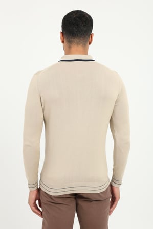 Erkek Regular Fit Polo Yaka Bej Fermuarlı Hırka