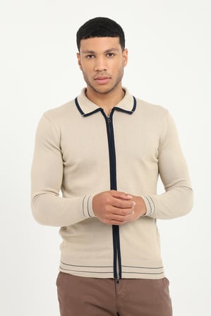 Erkek Regular Fit Polo Yaka Bej Fermuarlı Hırka