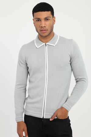 Erkek Regular Fit Polo Yaka Gri Fermuarlı Hırka