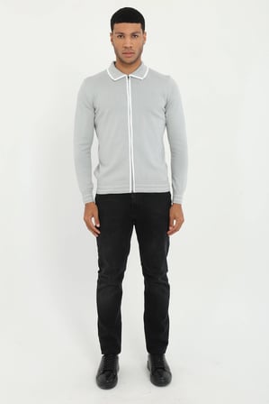 Erkek Regular Fit Polo Yaka Gri Fermuarlı Hırka