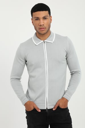 Erkek Regular Fit Polo Yaka Gri Fermuarlı Hırka