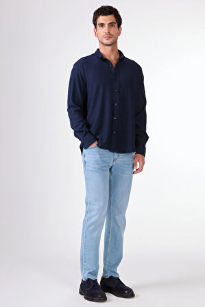 Lacivert Gofreli Düz Renk Regular Fit Erkek Gömlek