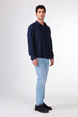 Lacivert Gofreli Düz Renk Regular Fit Erkek Gömlek