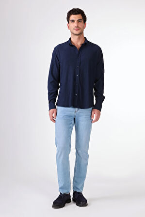 Lacivert Gofreli Düz Renk Regular Fit Erkek Gömlek
