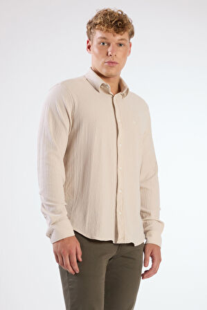 Bej Gofreli Düz Renk Regular Fit Erkek Gömlek