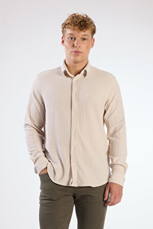 Bej Gofreli Düz Renk Regular Fit Erkek Gömlek