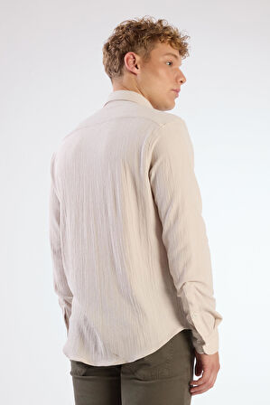 Bej Gofreli Düz Renk Regular Fit Erkek Gömlek