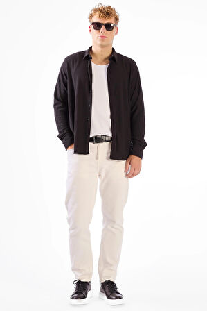 Siyah Gofreli Düz Renk Regular Fit Erkek Gömlek