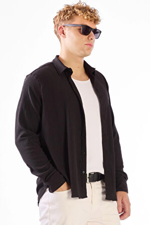 Siyah Gofreli Düz Renk Regular Fit Erkek Gömlek