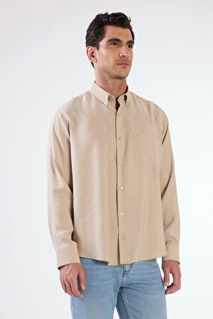 Bej Modal Düz Renk Regular Fit Erkek Gömlek 