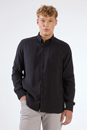 Siyah Modal Düz Renk Regular Fit Erkek Gömlek 