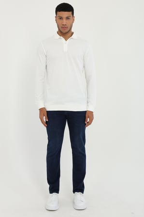 Erkek Regular Fit Polo Yaka Beyaz Sweatshirt