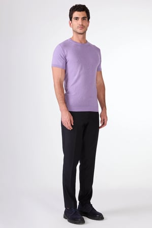 Erkek Slim Fit Bisiklet Yaka Açık Mor Triko T-shirt