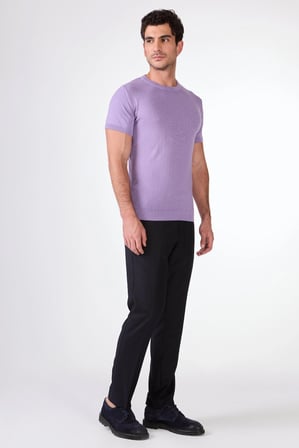 Erkek Slim Fit Bisiklet Yaka Açık Mor Triko T-shirt