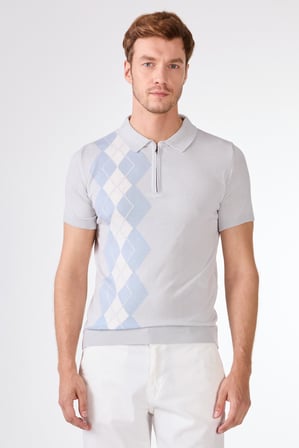 Erkek Slim Fit Fermuarlı Polo Yaka Açık Gri Triko T-shirt