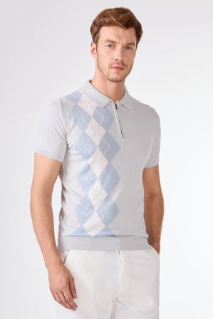 Erkek Slim Fit Fermuarlı Polo Yaka Açık Gri Triko T-shirt