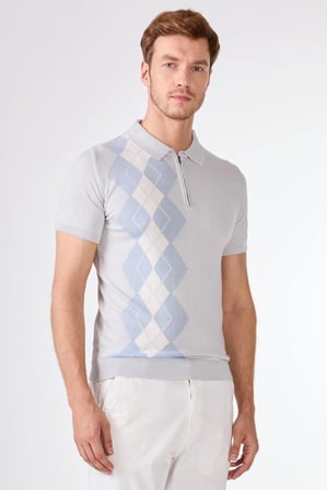 Erkek Slim Fit Fermuarlı Polo Yaka Açık Gri Triko T-shirt