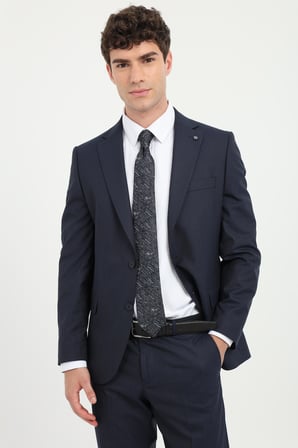 Erkek Slim Fit Mono Yaka Lacivert Armürlü Takım Elbise