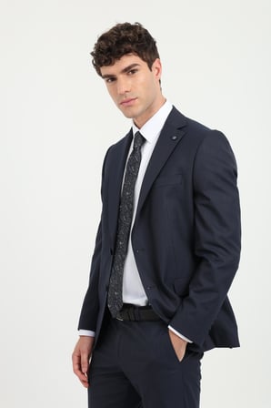 Erkek Slim Fit Mono Yaka Lacivert Armürlü Takım Elbise