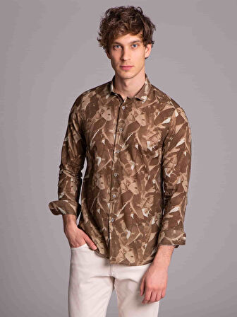 Dufy Haki Erkek Slim Fit Baskılı Hamilton Yaka Uzun Kol Gömlek - 33338