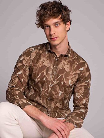 Dufy Haki Erkek Slim Fit Baskılı Hamilton Yaka Uzun Kol Gömlek - 33338