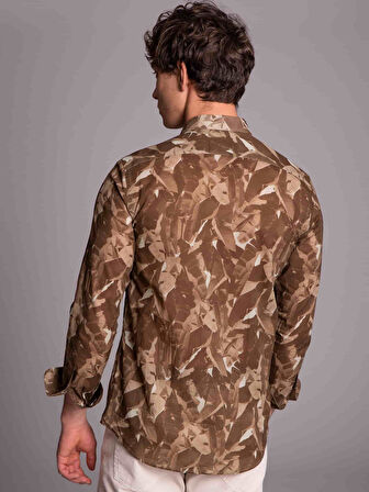 Dufy Haki Erkek Slim Fit Baskılı Hamilton Yaka Uzun Kol Gömlek - 33338