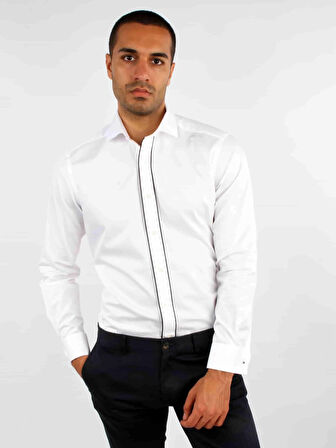 Dufy Beyaz Erkek Slim Fit Düz Paul Yaka Duble Manşetli Kol Gömlek - 33415