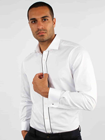 Dufy Beyaz Erkek Slim Fit Düz Paul Yaka Duble Manşetli Kol Gömlek - 33415