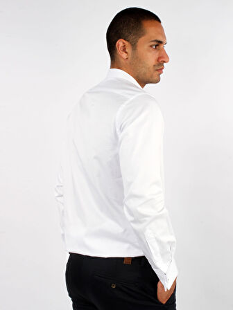Dufy Beyaz Erkek Slim Fit Düz Paul Yaka Duble Manşetli Kol Gömlek - 33415