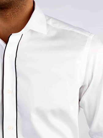 Dufy Beyaz Erkek Slim Fit Düz Paul Yaka Duble Manşetli Kol Gömlek - 33415