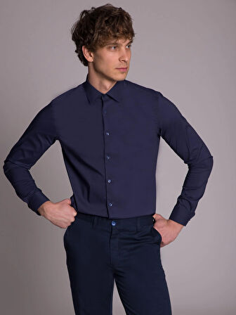 Dufy Lacivert Erkek Ekstra Slim Fit Düz Klasik Yaka Uzun Kol Gömlek - 36167