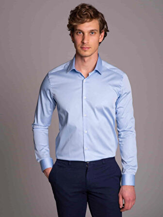 Dufy Mavi Erkek Ekstra Slim Fit Düz Klasik Yaka Uzun Kol Gömlek - 36216