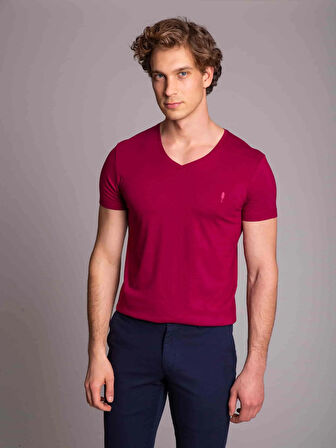 Dufy Bordo Erkek Slim Fit Düz  V Yaka Tshirt - 36397